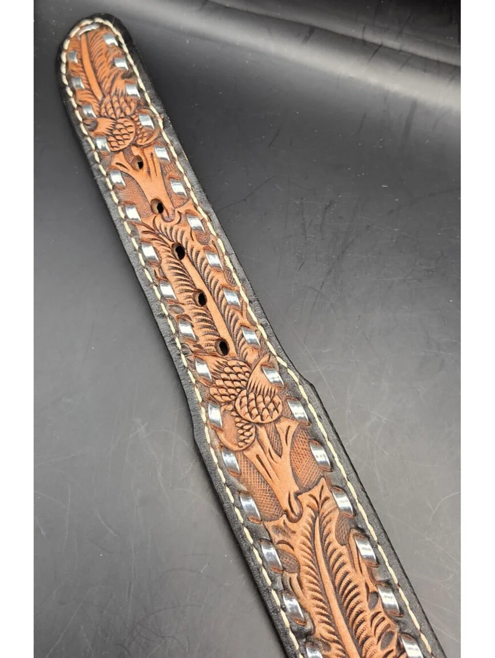 TANDY Western Leather Belt Mens 36 Brown Hand Tooled Floral Silver Studded 1.5in